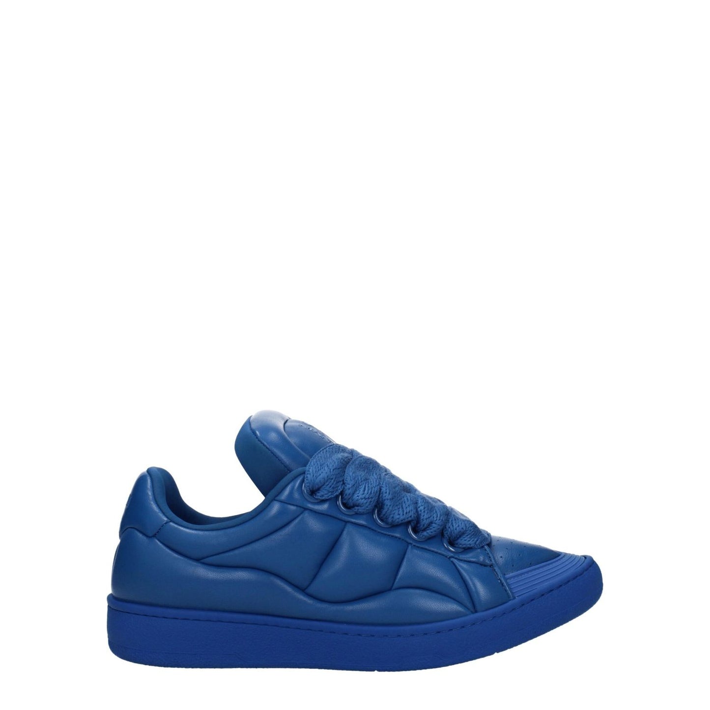 Lanvin Blue Leather Low Top Sneakers with lace-up closure and round toe design, featuring a rubber sole and subtle logo accents.