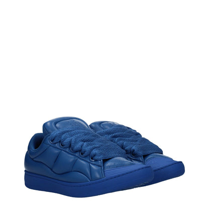 Lanvin Blue Leather Low Top Sneakers with lace-up closure, front and back logo, rubber sole, and round toe design.