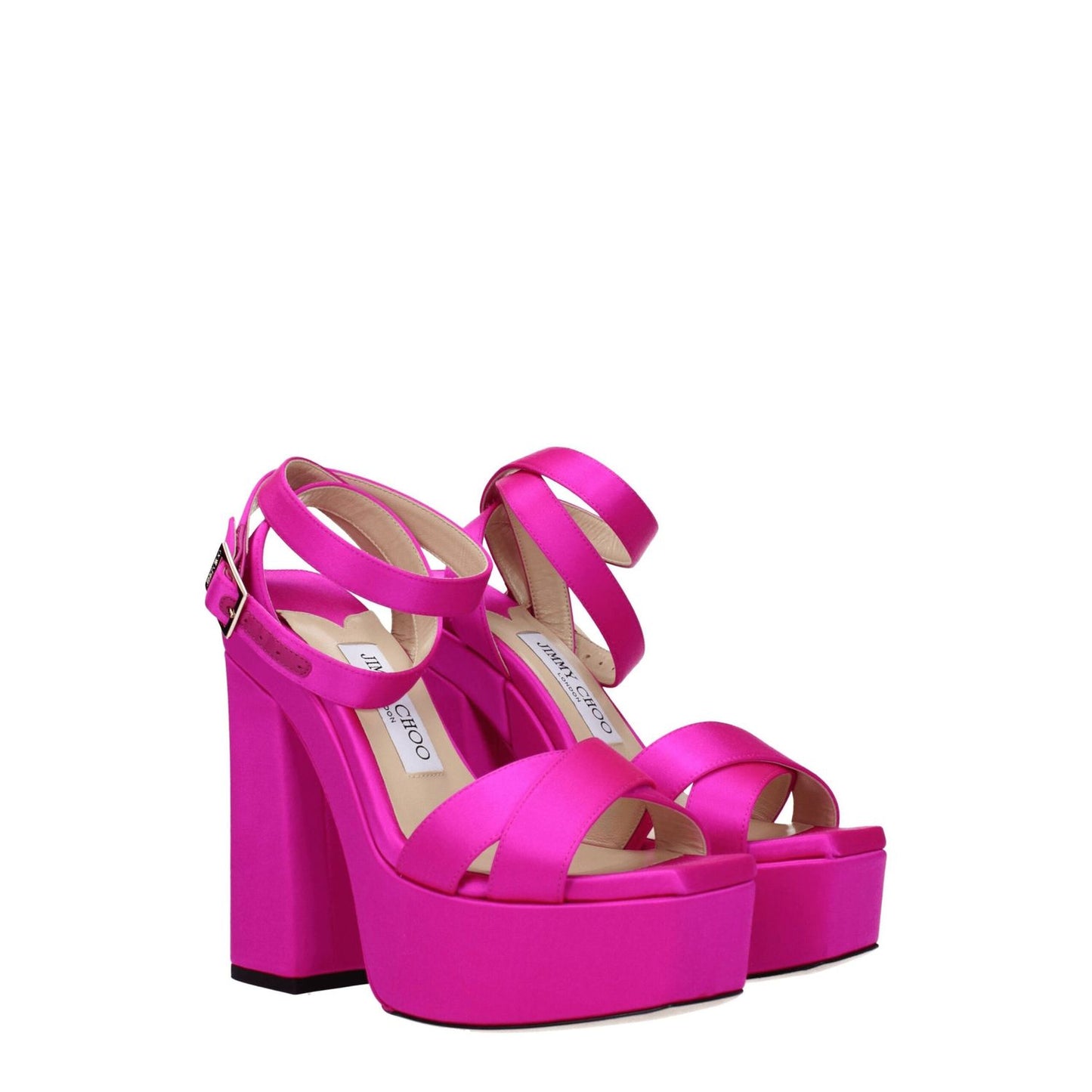 Jimmy Choo Pink Satin Platform Sandals with gold buckle, high heel, open toe, and leather sole, styled for a casual look.