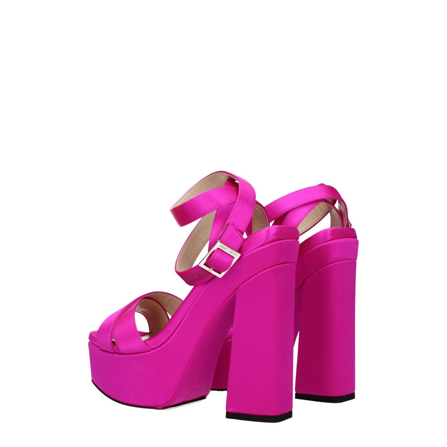 Jimmy Choo Pink Satin Platform Sandals with buckle closure and open toe, features a high heel, external and internal plateau in fuchsia satin.