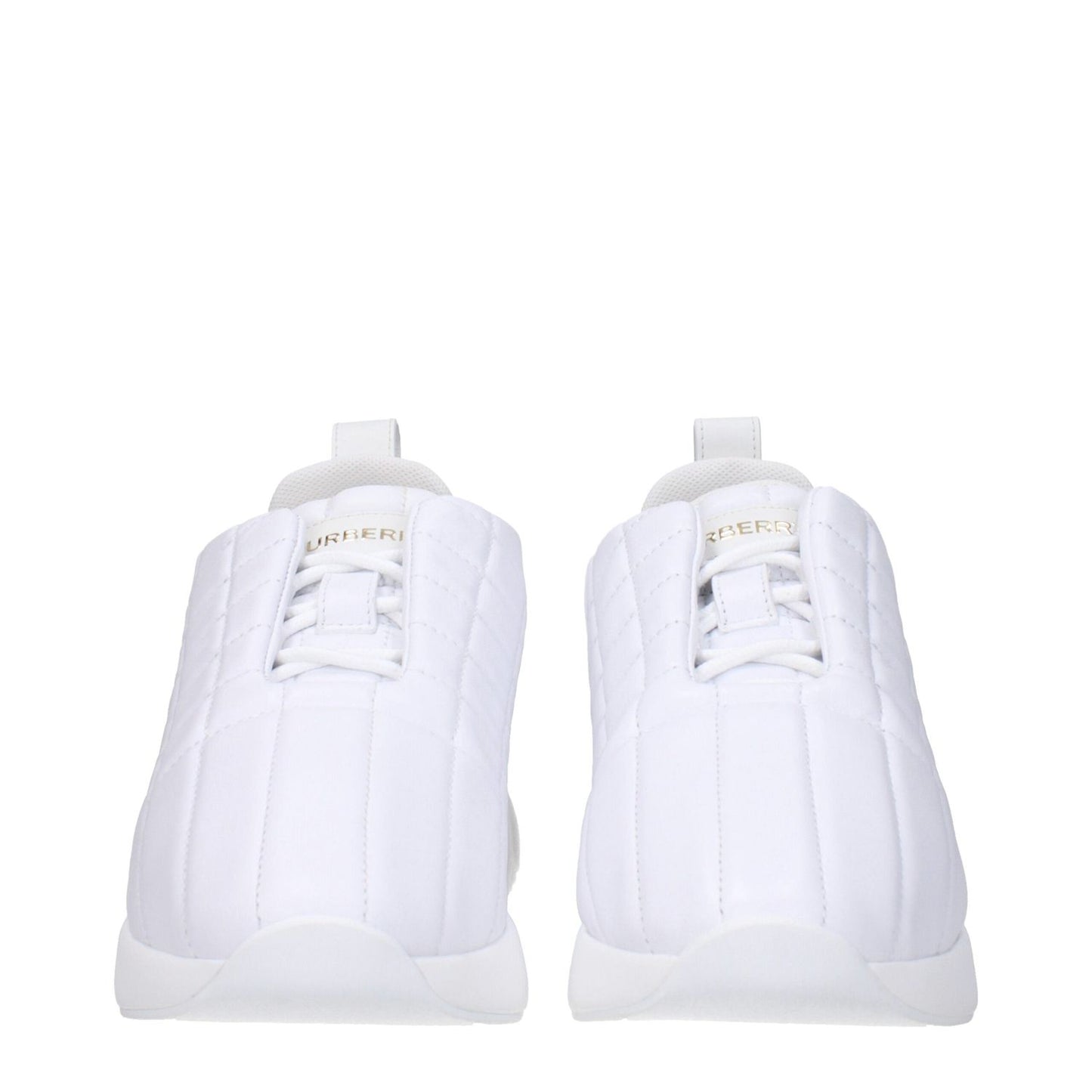 Burberry White Leather Sneakers with logos, lace-up closure, rubber sole, mid heel, casual style. MPN 8056654, code F79878.