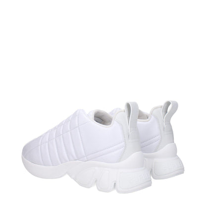 Burberry White Leather Sneakers with front and back logo, lace-up closure, rubber sole, round toe, mid heels, 4 cm height.