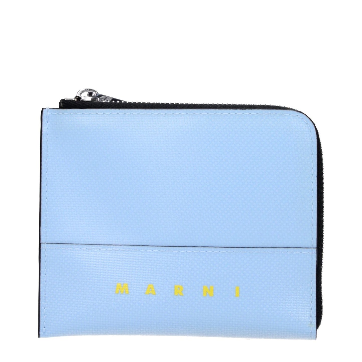 Front view of Marni Blue Polyethylene Wallet with logo in silver and light blue colors. MPN: PFMI0095A0P576900B21, size 9.5×11.5 cm.