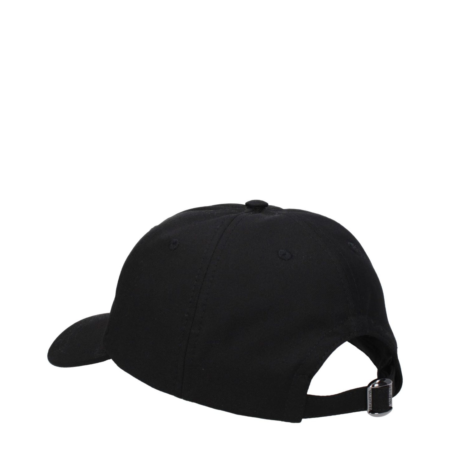 Valentino Garavani Black Cotton Cap (Baseball Hat) with buckle closure and adjustable strap, rear view of the hat.