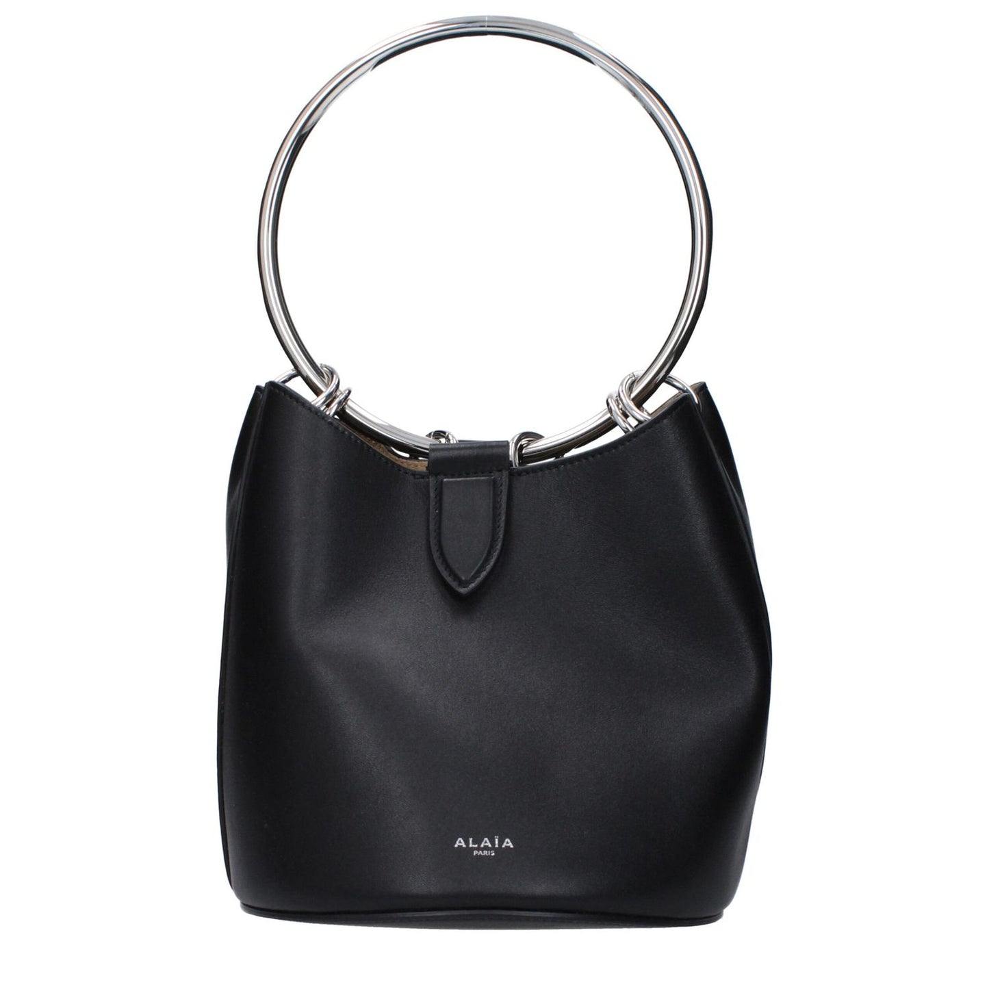 Alaïa Black Leather Handbag with circular handle, featuring a removable inner clutch and front logo.