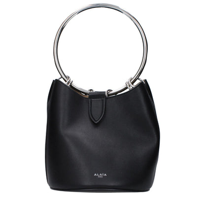 Alaïa Black Leather Handbag with circular handle, featuring a removable inner clutch and front logo.