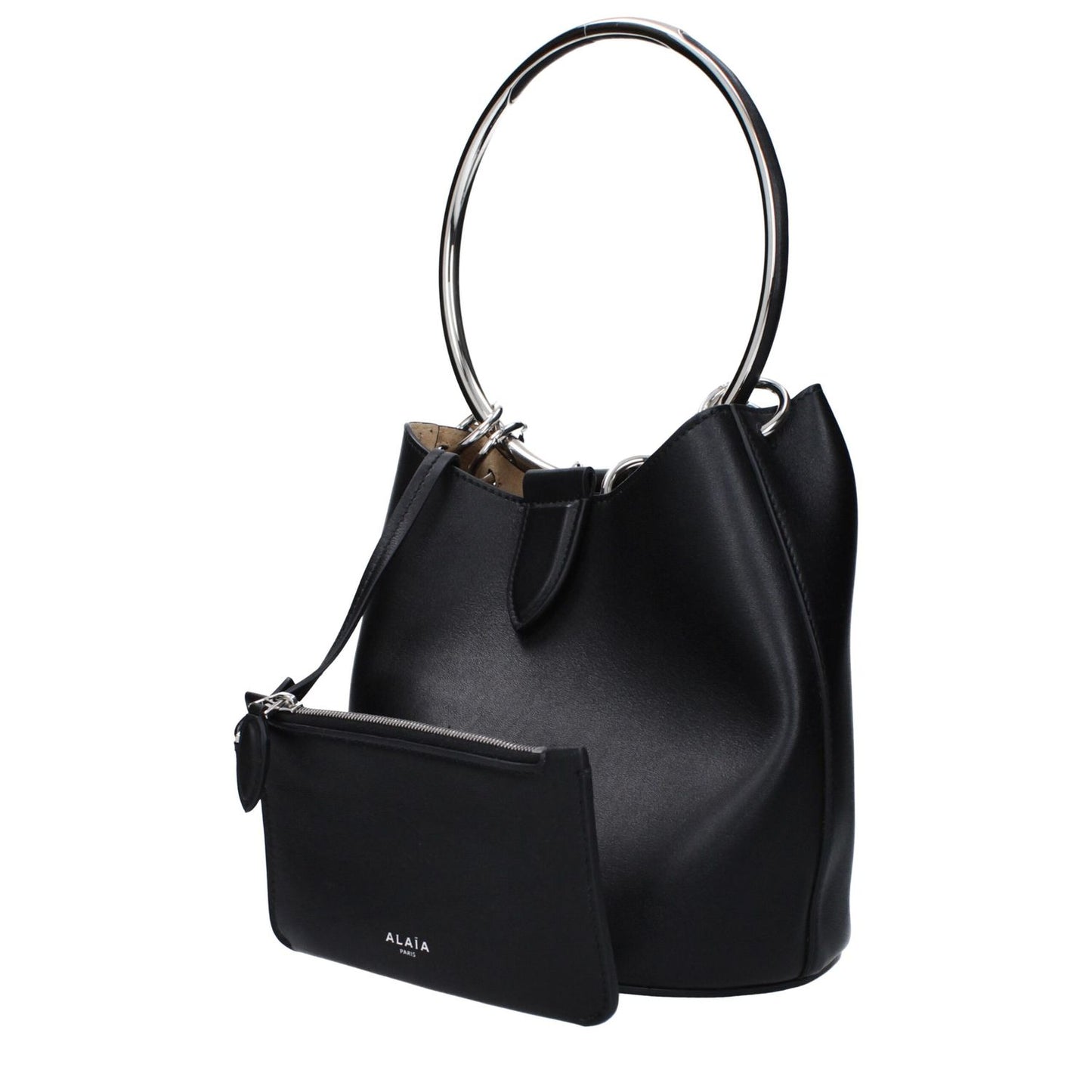 Alaïa Black Leather Handbag with removable inner clutch and magnetic closure, casually styled, medium-sized with 16 cm handle.