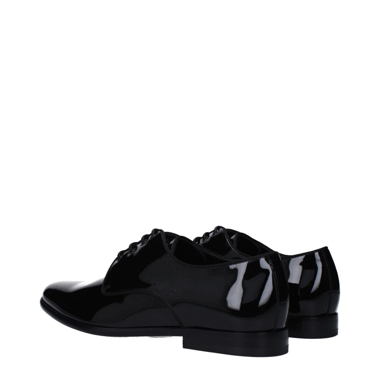 Dolce & Gabbana Black Leather Oxfords And Derbies with patent finish, pointy toe, and leather sole, showing side and back view.