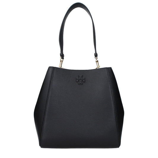 Tory Burch Black Leather Shoulder Bag with front logo, adjustable strap, and hook closure. Casual style, small size, 25 cm handle.