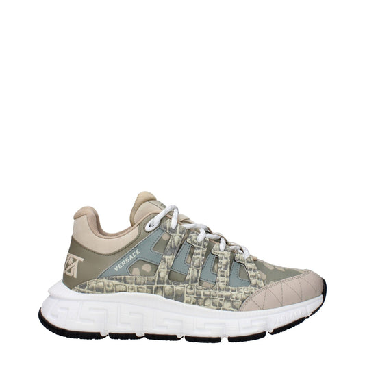 Versace Green Fabric Low Top Sneakers with logos and taupe accents, featuring lace-up closure and rubber sole, casual style, round toe.