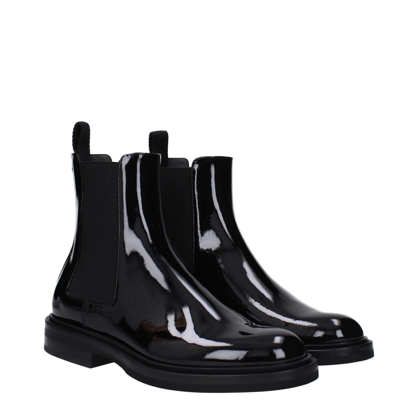 Dolce & Gabbana Black Leather Ankle Boots with patent leather, silver details, and rubber sole.