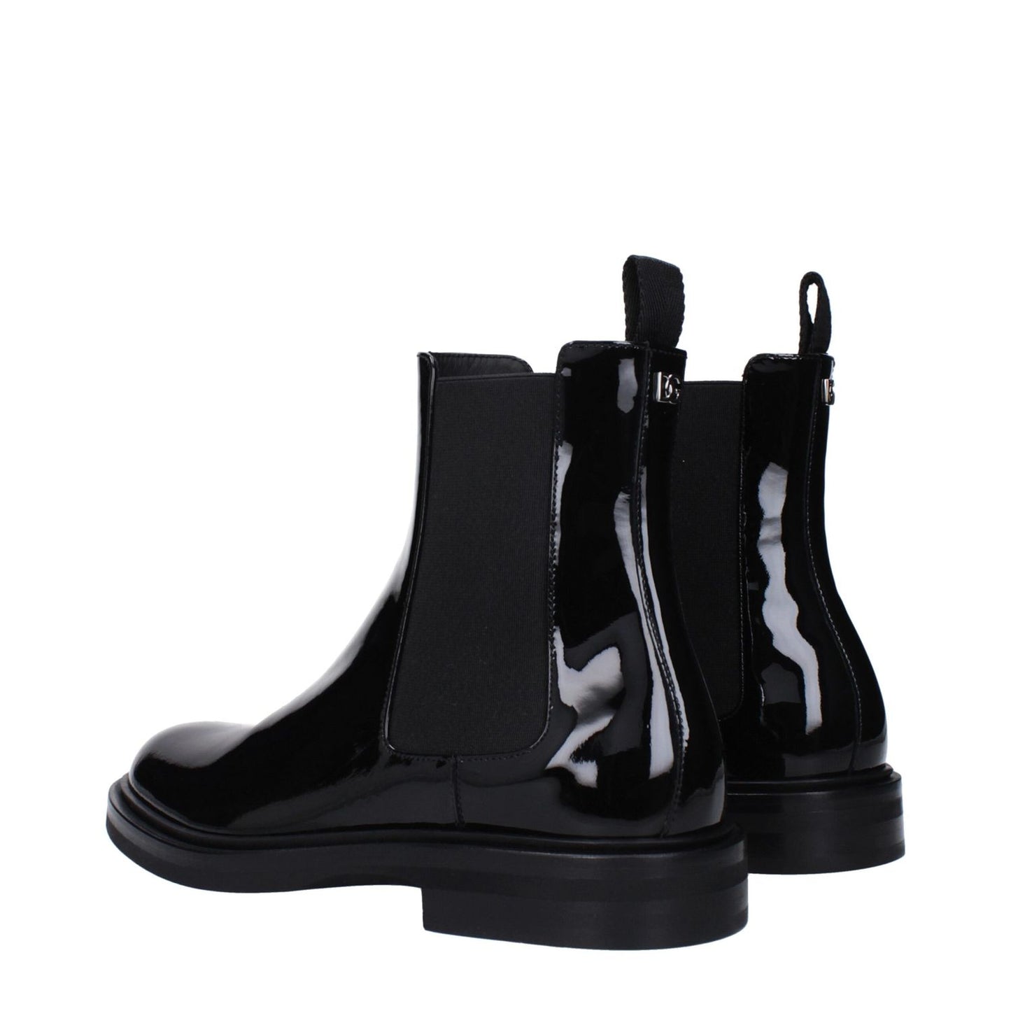 Dolce & Gabbana Black Leather Ankle Boots with patent leather finish and low rubber heel, featuring back logo and stylish design.