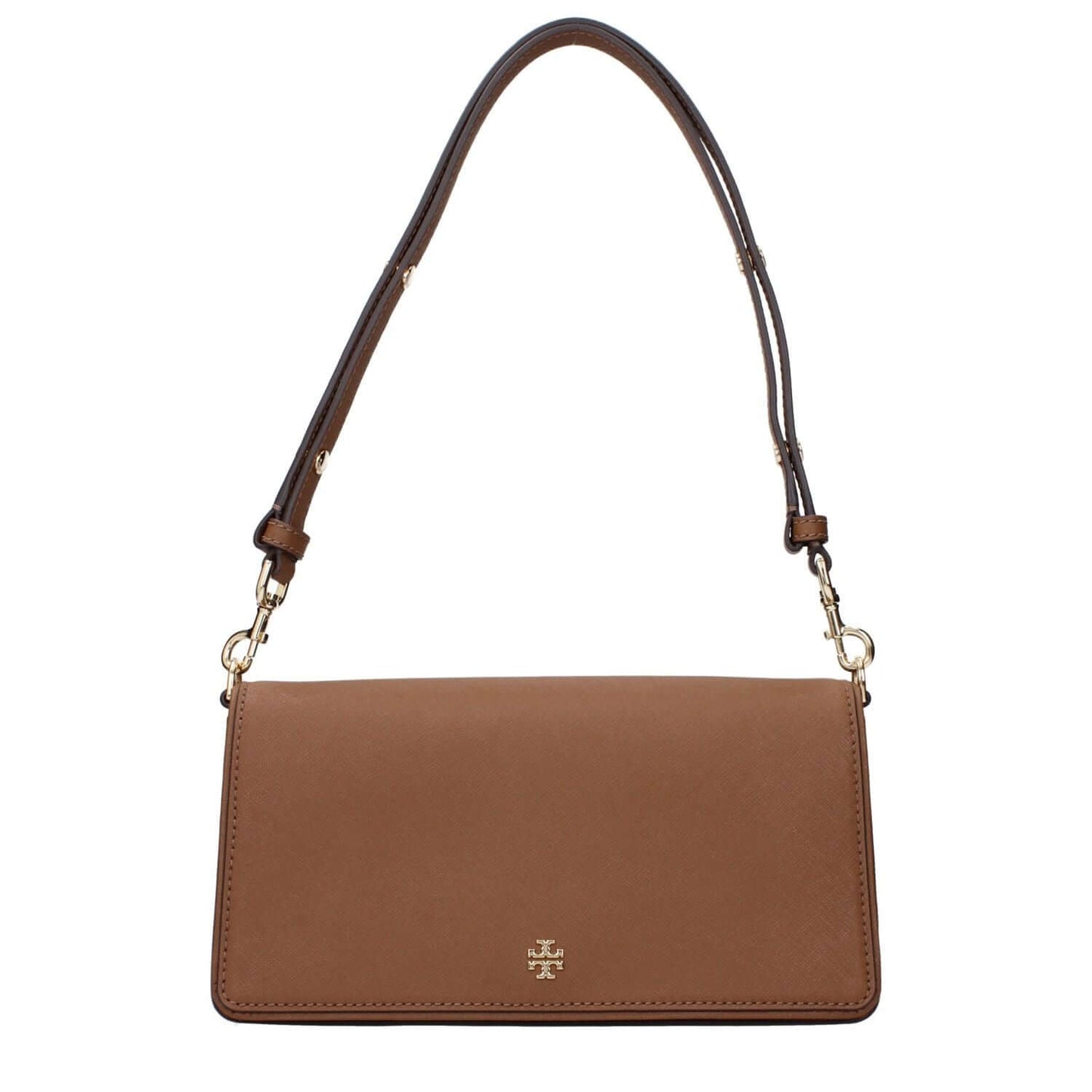 Tory Burch Brown Leather Shoulder Bag with front logo, divider pocket, adjustable and removable handle.