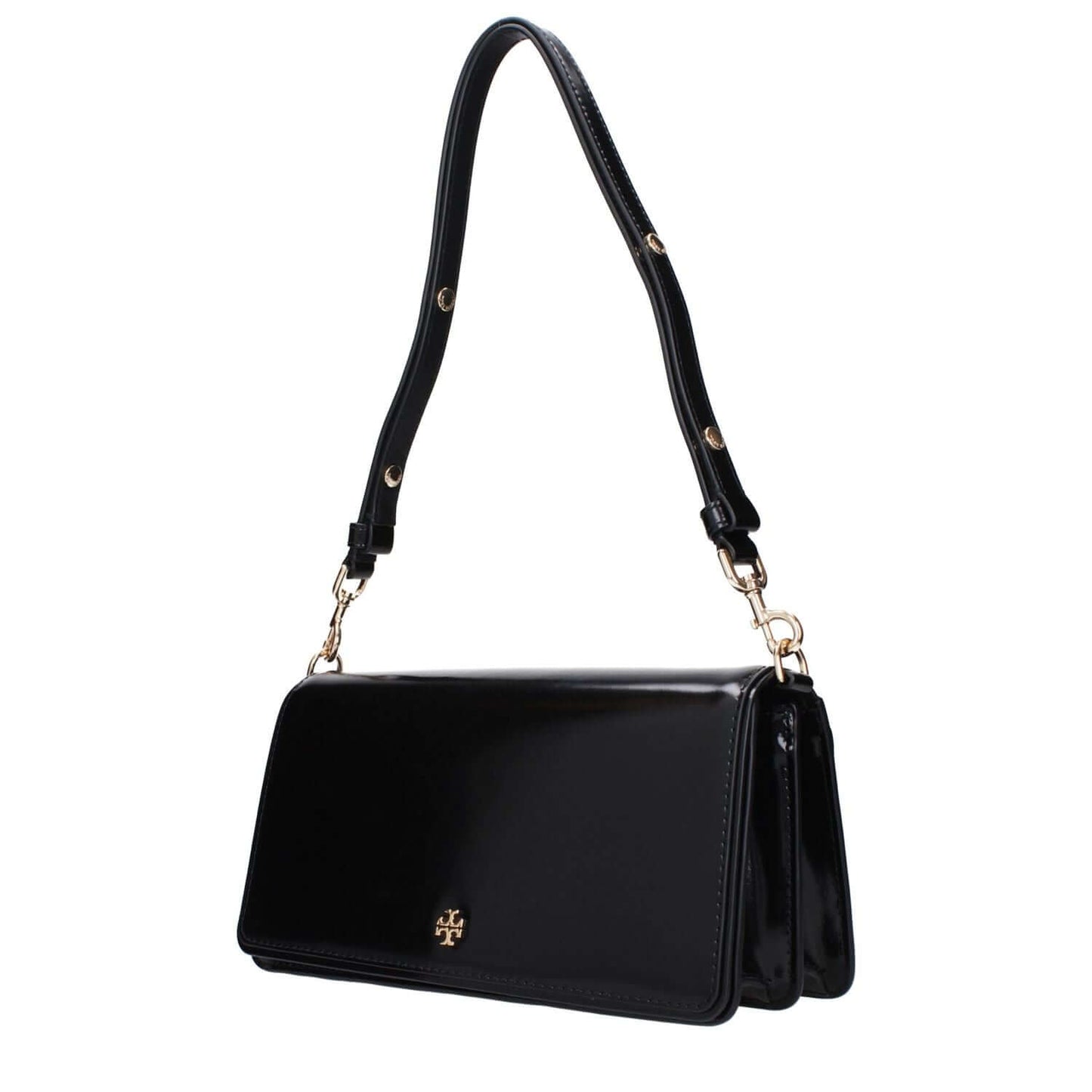 Tory Burch Black Leather Shoulder Bag with front logo and adjustable removable handle