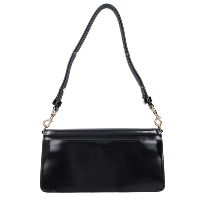 Tory Burch Black Leather Shoulder Bag with adjustable handle and front logo, featuring a divider inner pocket.