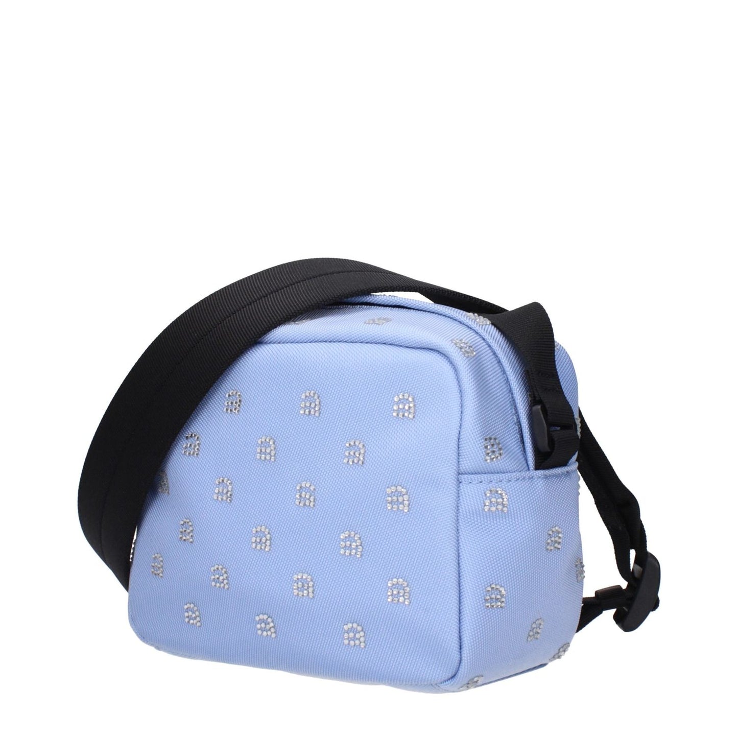 Alexander Wang Light Blue Fabric Crossbody Bag with rhinestone details and adjustable shoulder strap.