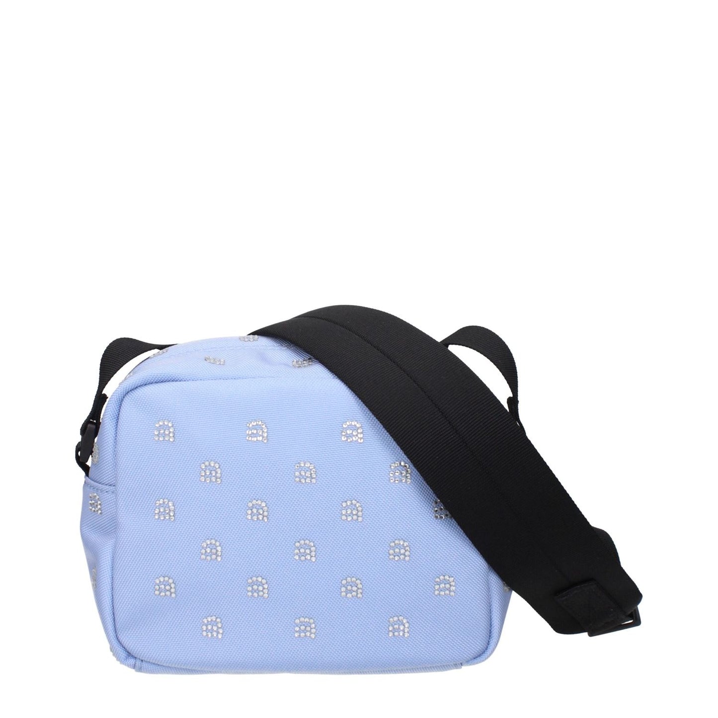 Alexander Wang Light Blue Fabric Crossbody Bag with rhinestone logo and adjustable shoulder strap.