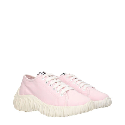 Miu Miu Pink Fabric Low Top Sneakers with front and back logo details, featuring unique white soles. MPN 5E373DGUD010F0E18.