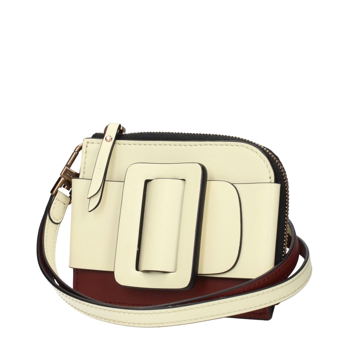 Boyy Beige Leather Cardholder with buckle detail, removable handle, and logo on back. Two-tone design with intentional spotting, MPN F83873.