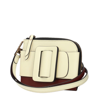 Boyy Beige Leather Cardholder with buckle detail, removable handle, and logo on back. Two-tone design with intentional spotting, MPN F83873.