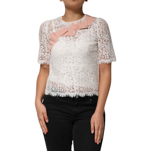 Dolce & Gabbana White Floral Lace Short Sleeves Blouse Top