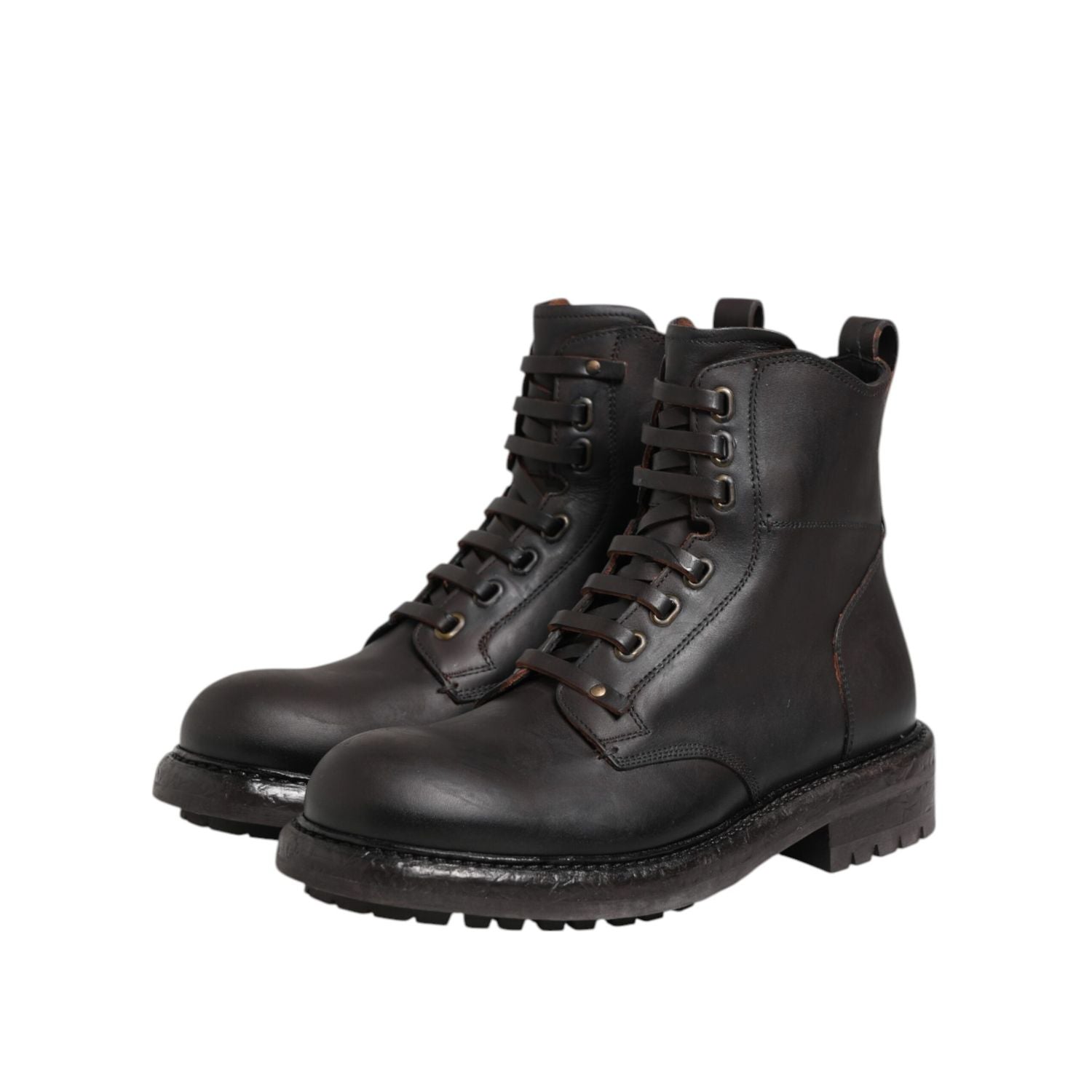 Dolce & Gabbana Dark Brown Leather Lace Up Mid Calf Boots Shoes