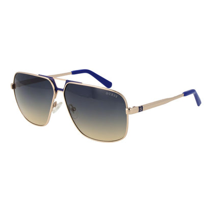 Guess Silver Metal Sunglasses for men with silver full-rim metal frame and blue gradient plastic lenses, aviator style, includes branded case.
