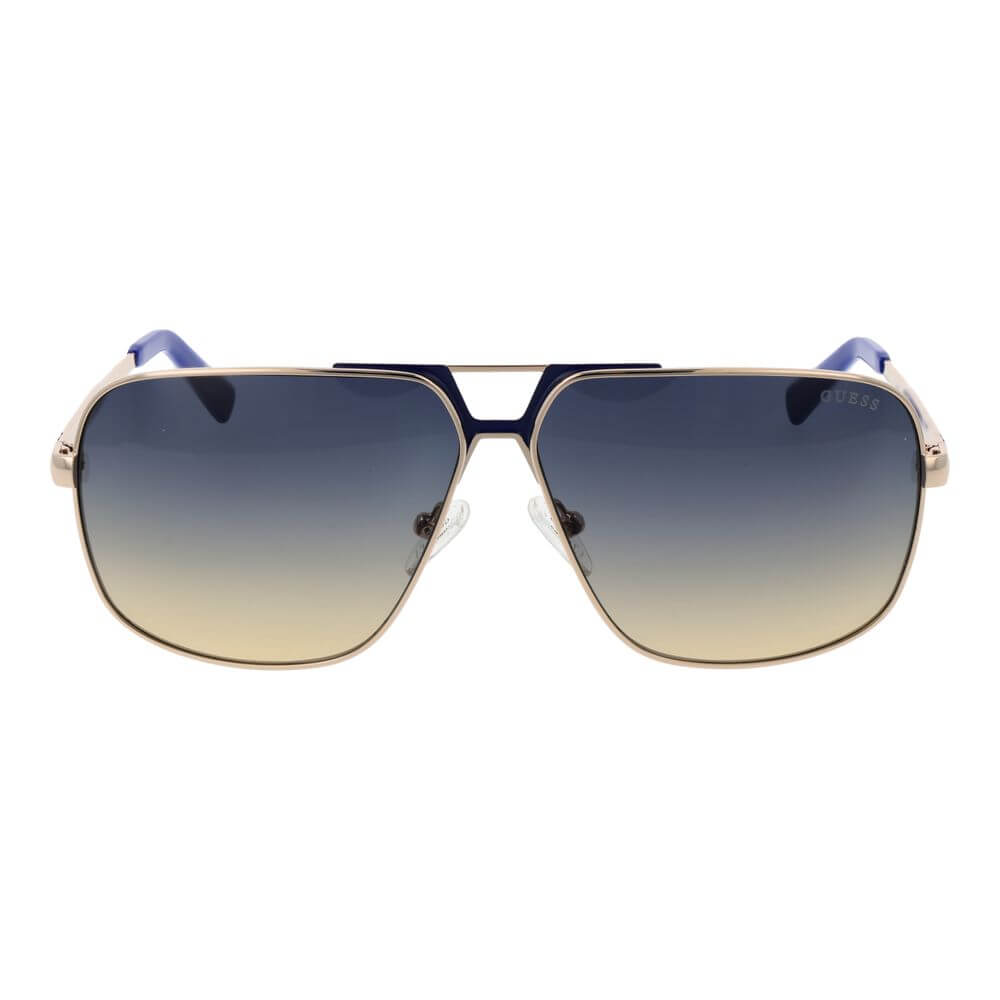 Guess Silver Metal Sunglasses with silver full-rim frame, blue gradient lenses, and aviator style, for men. Includes branded case.