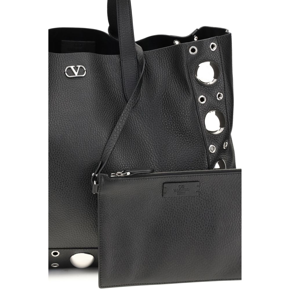 Valentino Garavani Black Calf Leather Bos Taurus Shoulder Bag with metal studs and VLogo, featuring removable pouch for practicality.