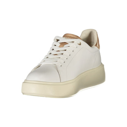 Blauer White Leather Women Sneaker with bold bronze accents and lace-up design, showcasing stylish and comfortable footwear for fashion-forward women.