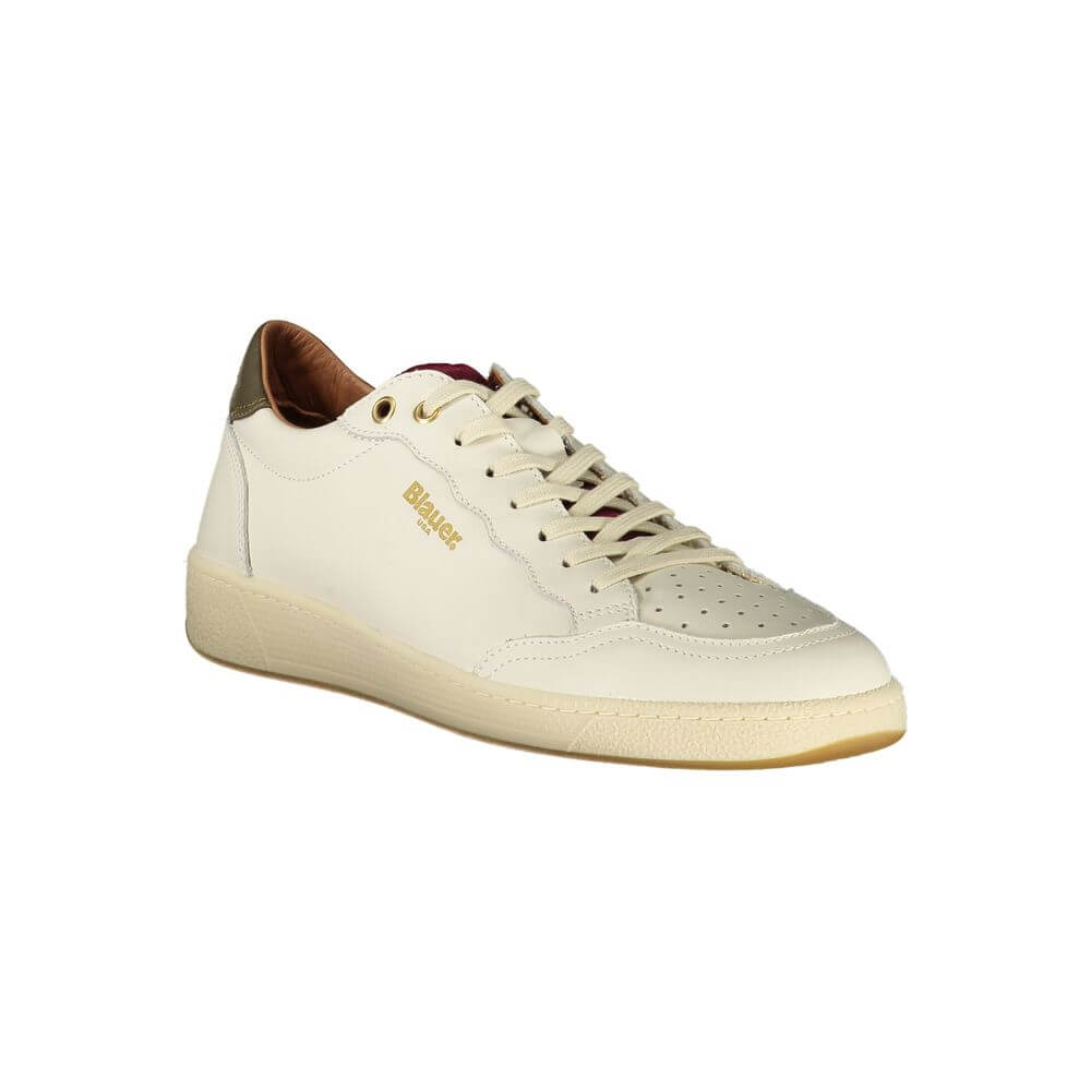 Blauer White Leather Men Sneaker with green accents, iconic logo, side view showcasing chic comfort and urban style for modern men.