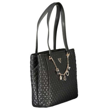 Guess Jeans Black Polyethylene Women Handbag with quilted design and charm, featuring dual compartments and secure zip closure.