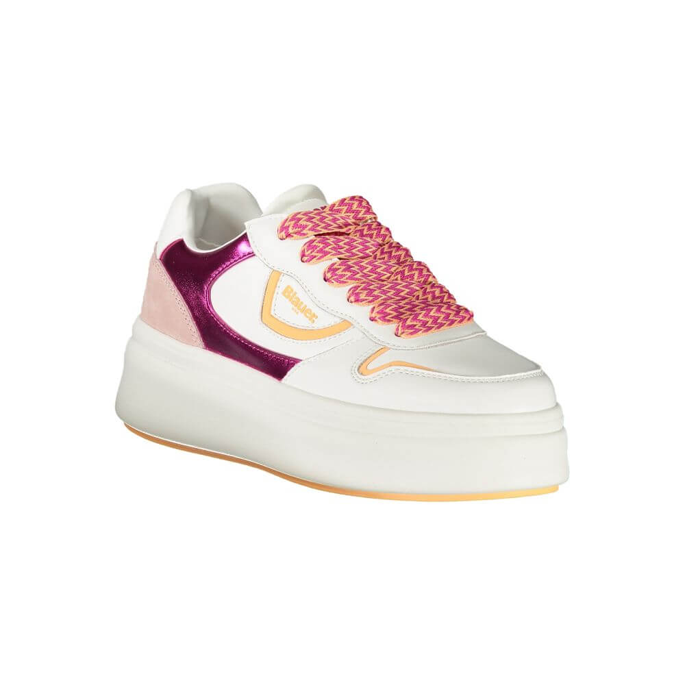 Blauer White Leather Women Sneaker with pink accents and contrasting laces, featuring a bold design and removable insole for comfort.