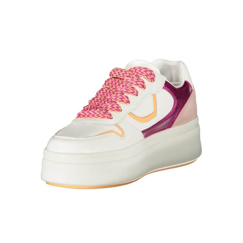 Blauer White Leather Women Sneaker with pink accents and contrasting laces, featuring a removable insole and iconic logo for style and comfort.