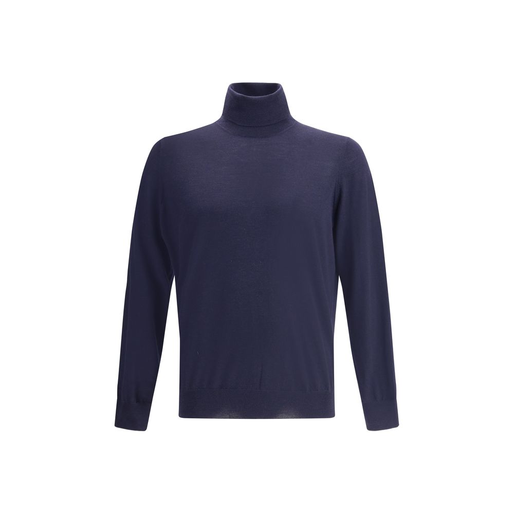 Brunello Cucinelli Blue Fleece Wool Turtleneck sweater showcasing ribbed collar, cuffs, and hem for a refined and timeless look.