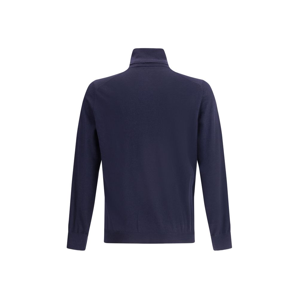 Back view of Brunello Cucinelli Blue Fleece Wool Turtleneck with ribbed collar and cuffs