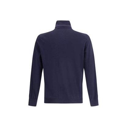 Back view of Brunello Cucinelli Blue Fleece Wool Turtleneck with ribbed collar and cuffs