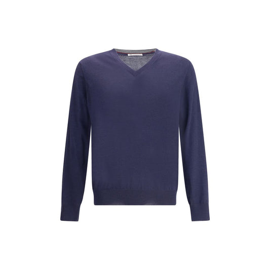 Alt Tag: Brunello Cucinelli Blue Cashmere Cashmere Sweater with ribbed V-neck, monochrome design, ideal for sophisticated and timeless style.