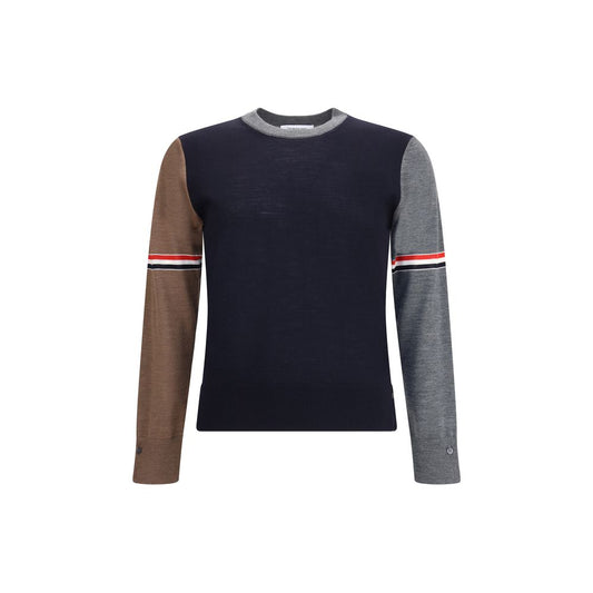 Thom Browne Multicolor Fleece Wool Sweatshirt with ribbed crew neck and iconic sleeve bands in tricolor design, made in Italy.