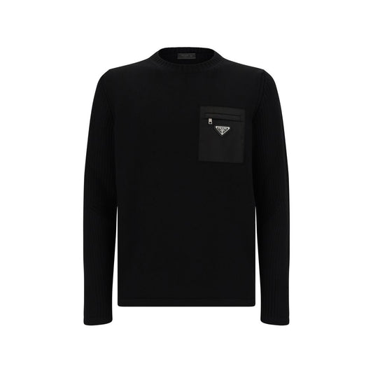 Prada Black Fleece Wool Sweatshirt with ribbed crew neck and zipper pocket featuring triangular metal logo plaque.