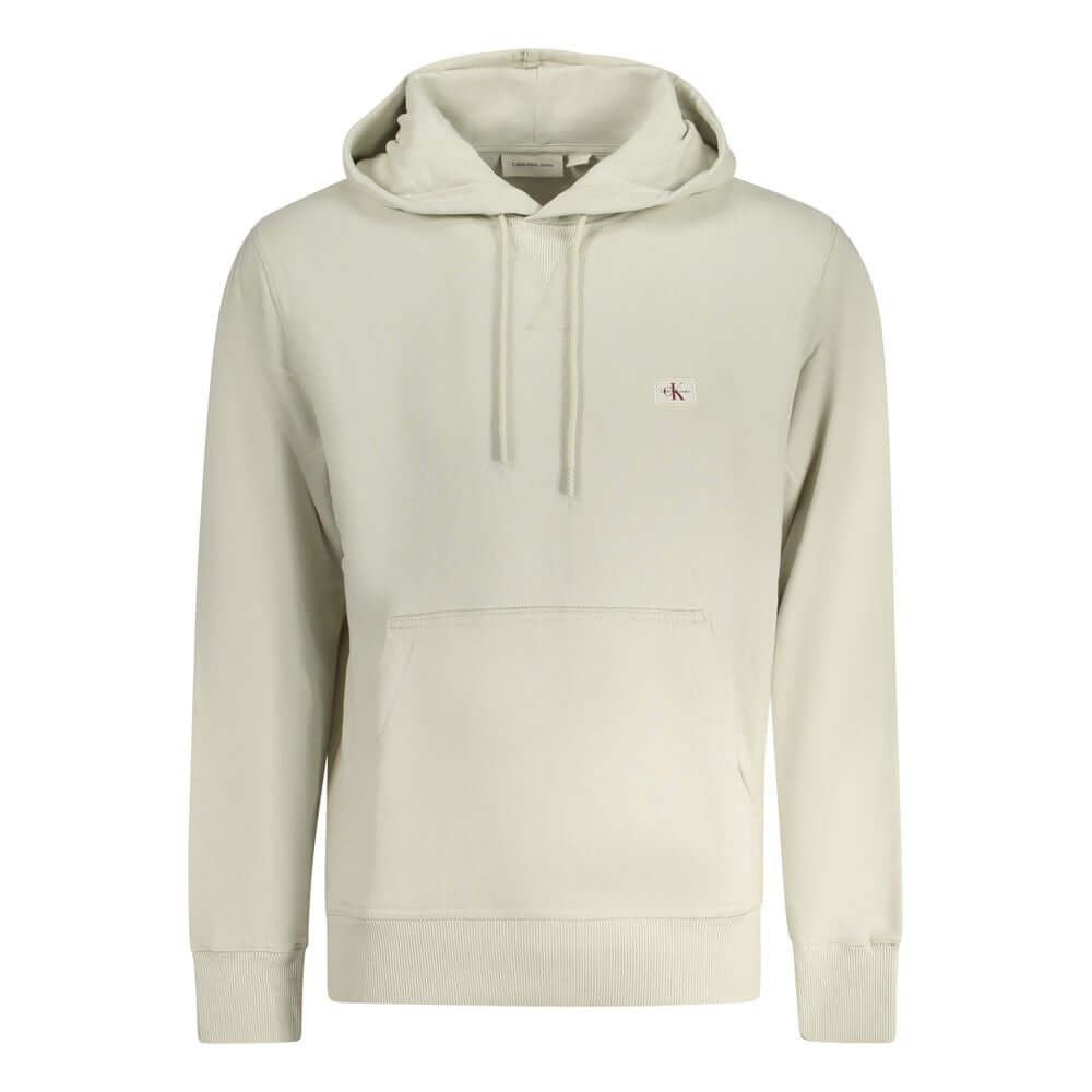 Calvin Klein Beige Cotton Men Sweater, hooded long-sleeve with logo, brushed interior and central pocket, stylish and comfortable fashion piece.
