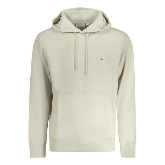 Calvin Klein Beige Cotton Men Sweater, hooded long-sleeve with logo, brushed interior and central pocket, stylish and comfortable fashion piece.