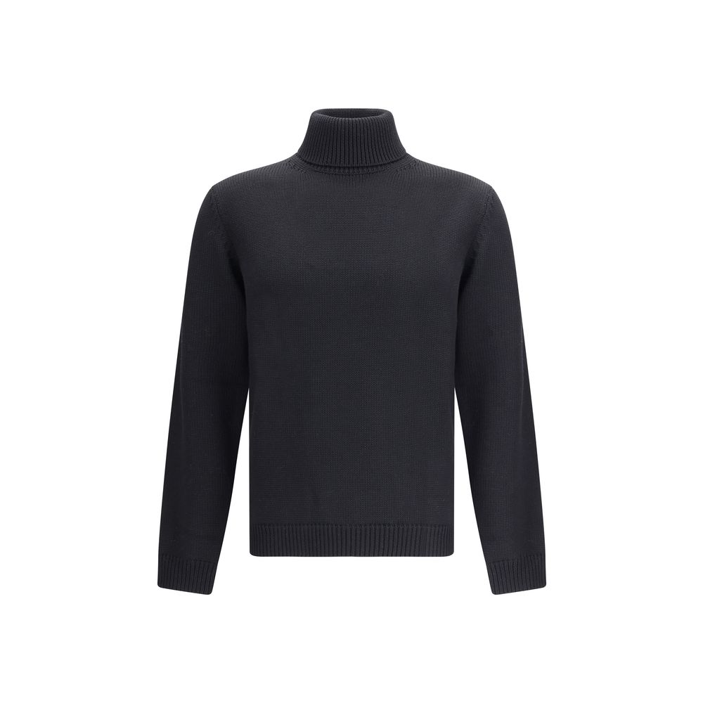 Roberto Collina Black Merino Wool Turtleneck sweater with ribbed details, perfect for smart or casual looks in AW25.