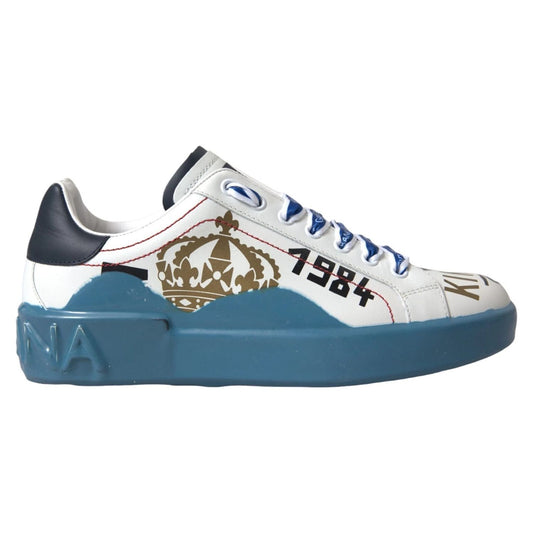 Dolce & Gabbana Blue White Printed Portofino Melt Sneakers in calfskin leather with logo details and blue rubber sole, side view.