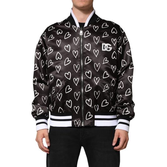 Dolce & Gabbana Black Polyester Heart Print Bomber Jacket