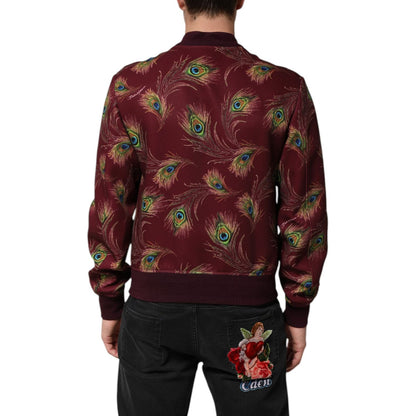 Dolce & Gabbana Maroon Peacock Feather Print Bomber Jacket
