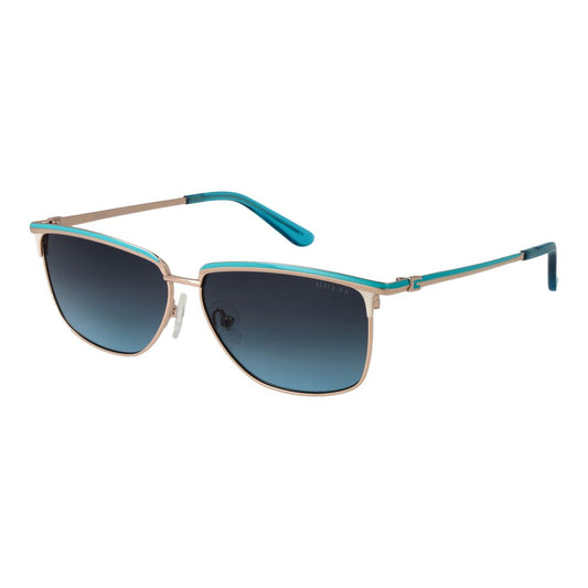 Guess Gold Women Sunglass, gold metal frame, blue gradient lenses, full-rim, 100% UVA & UVB protection, rectangle style.
