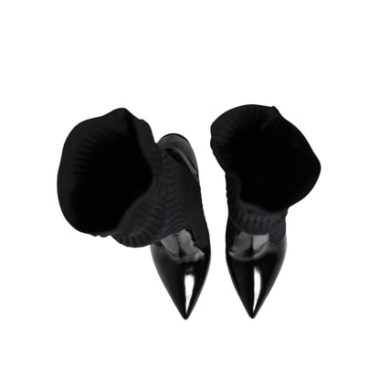 Dolce & Gabbana Black Leather Ribbed Knit Knee Boots Shoes