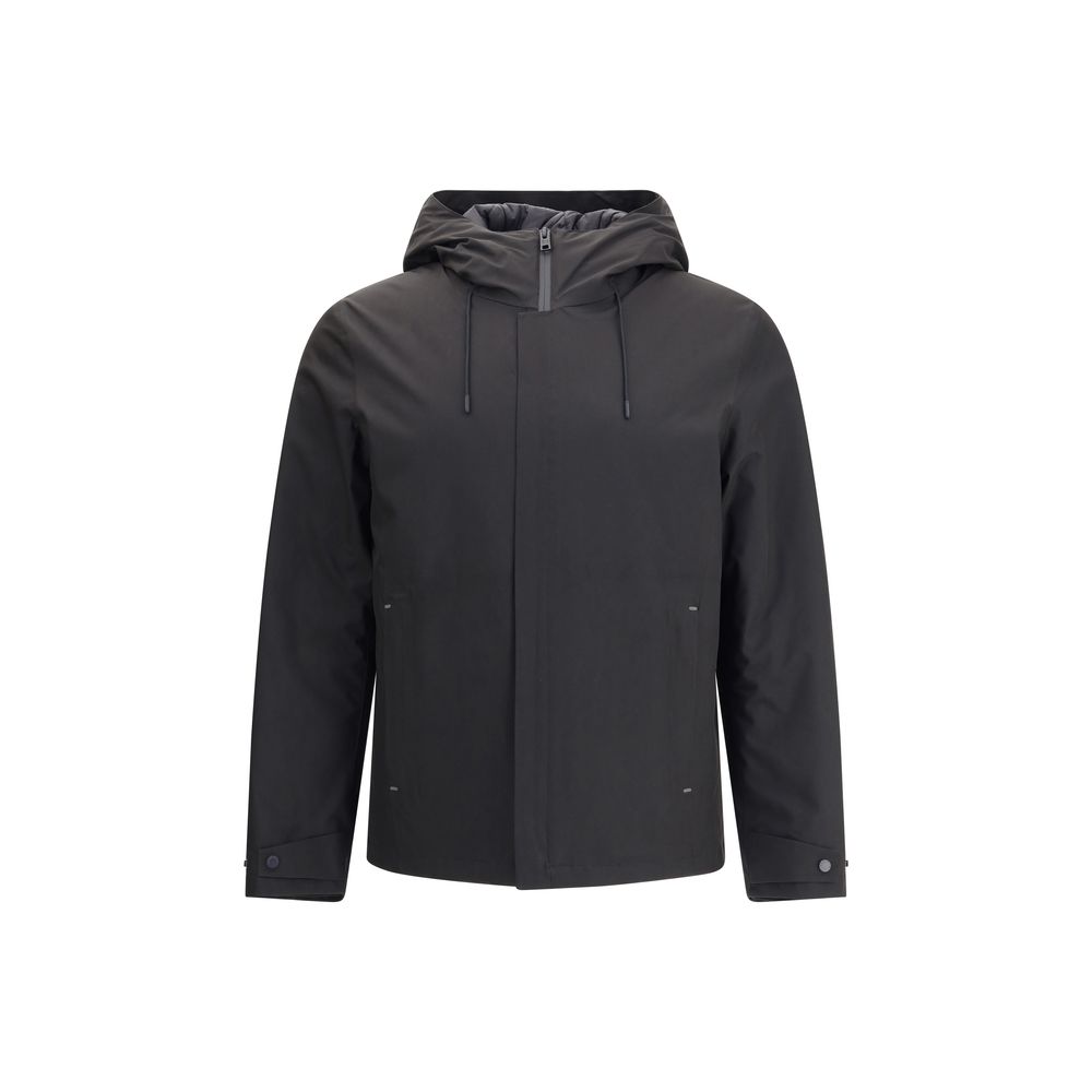 Woolrich Black Polyester Shell Jacket with adjustable hood and double-slider zipper, featuring side welt pockets, versatile for varied weather.
