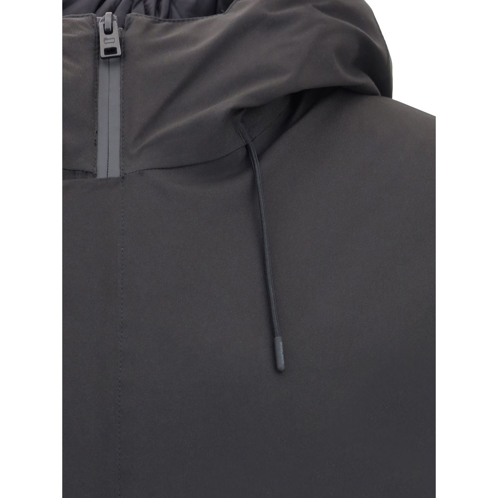 Close-up of Woolrich Black Polyester Shell Jacket showing hood and zipper